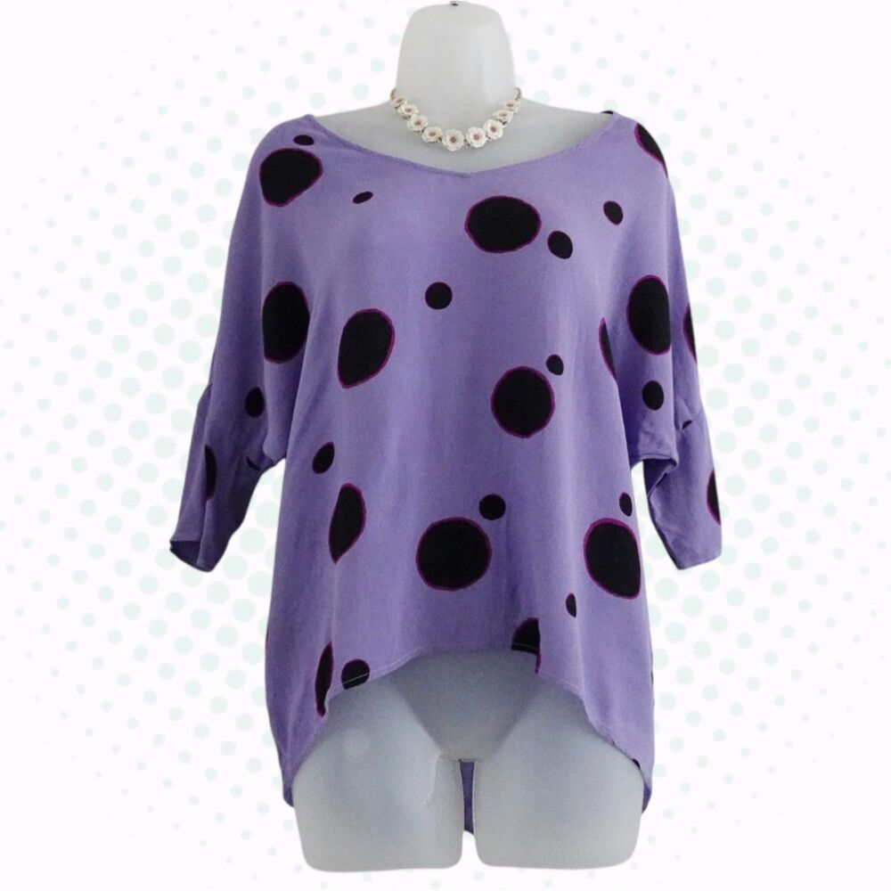 Vintage Y2K Cristina Barros Purple Magenta & Black Polka Dot Tunic Top Size IT36
